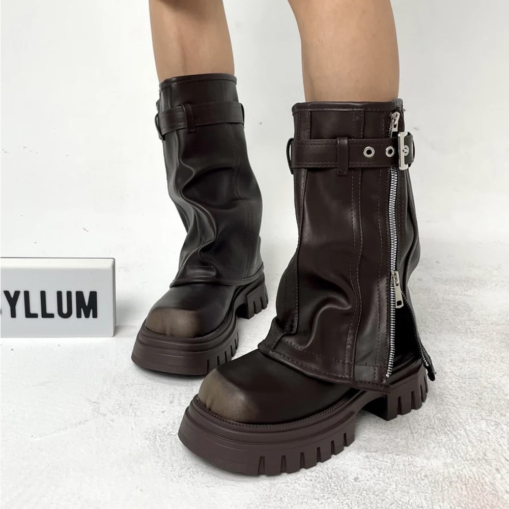 Brown Platform Fold Over Chunky Boots - Brand New